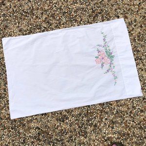 Vintage Hand Embroidered Standard Pillow Sham White w/ Pink and Purple Flowers